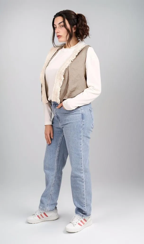 R204593 - Linen Patchwork Vest - Beige & White