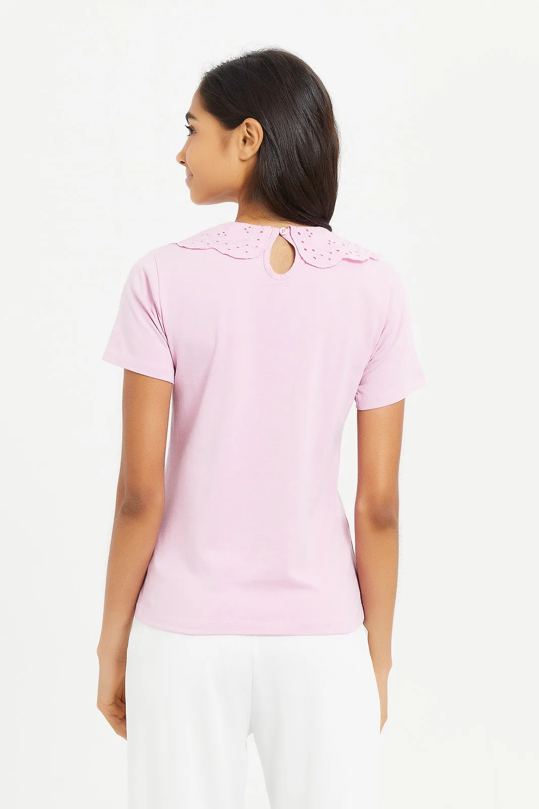 Senior Girls Pink Ruffled Sleeve Rib Top