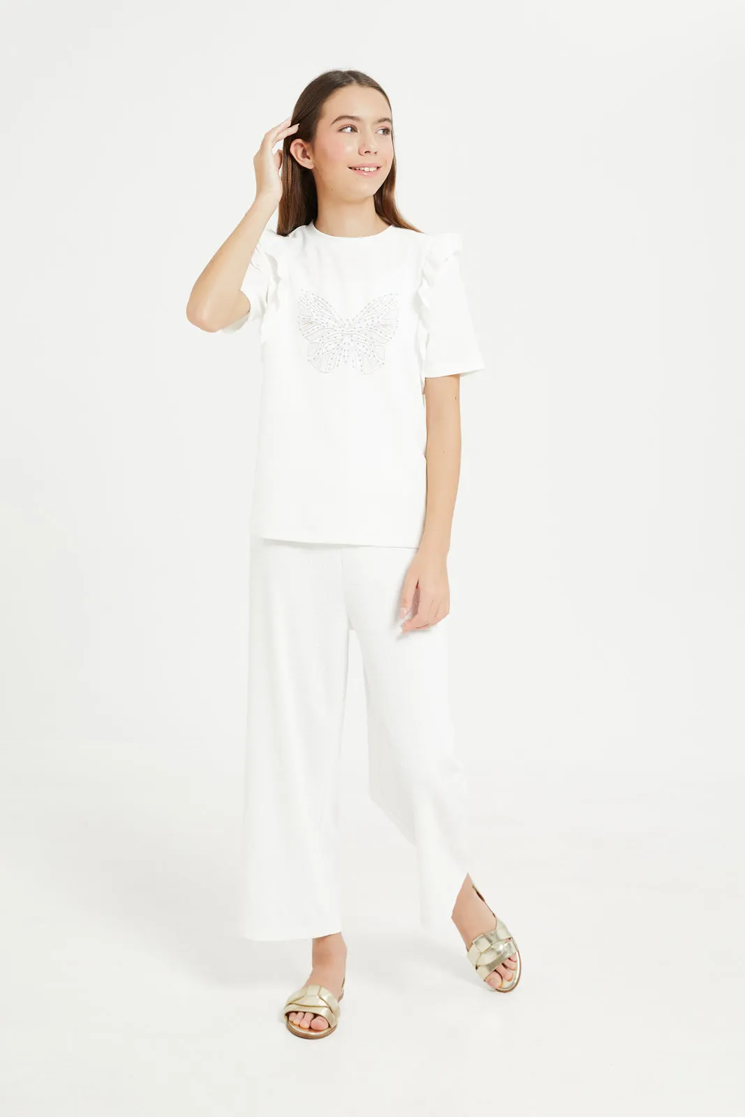 Senior Girls White Butterfly Embroidery Top