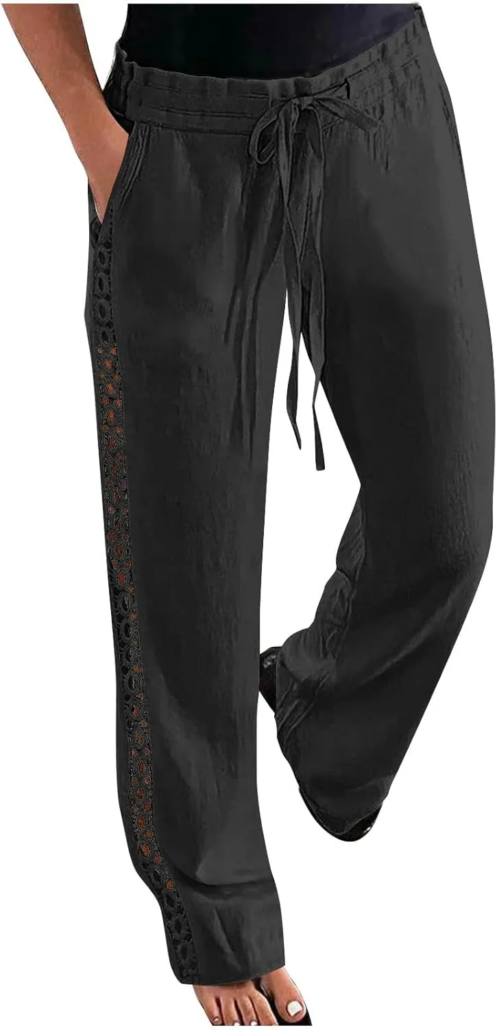 SHOPESSA Linen Pants Women 2025 Summer Hollow Out Side Long Pants Casual Wide Leg Palazzo Pants with Pockets