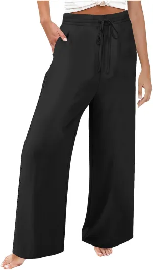 SHOPESSA Linen Pants Women 2025 Summer Hollow Out Side Long Pants Casual Wide Leg Palazzo Pants with Pockets