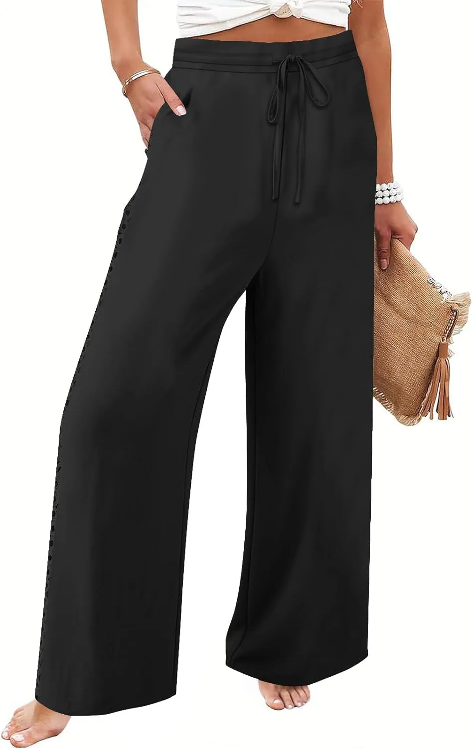 SHOPESSA Linen Pants Women 2025 Summer Hollow Out Side Long Pants Casual Wide Leg Palazzo Pants with Pockets