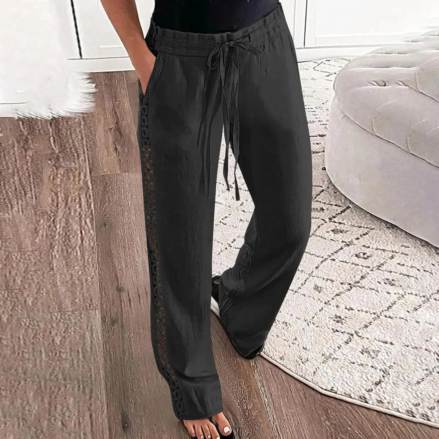 SHOPESSA Linen Pants Women 2025 Summer Hollow Out Side Long Pants Casual Wide Leg Palazzo Pants with Pockets