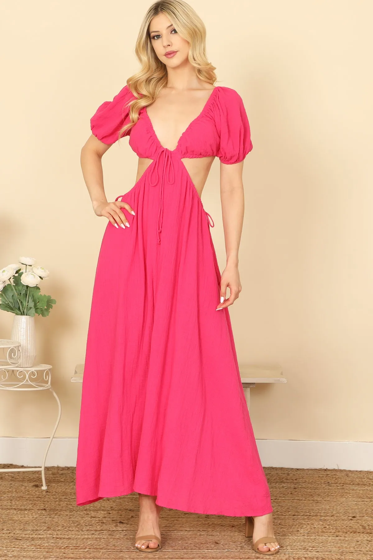 SIDE CUT-OUT DETAIL PUFF SLEEVE SOLID MAXI DRESS