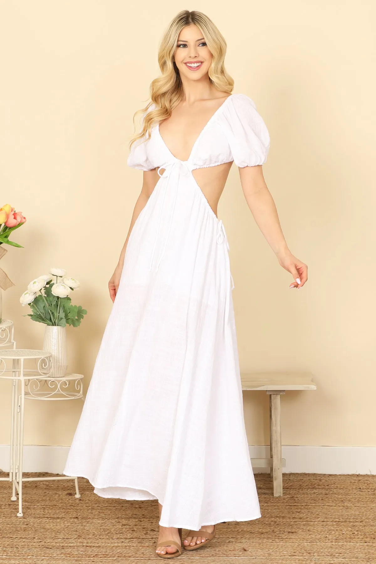 SIDE CUT-OUT DETAIL PUFF SLEEVE SOLID MAXI DRESS