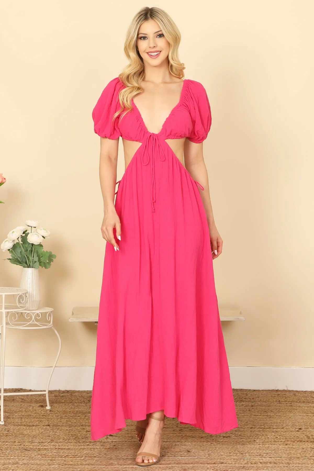 SIDE CUT-OUT DETAIL PUFF SLEEVE SOLID MAXI DRESS