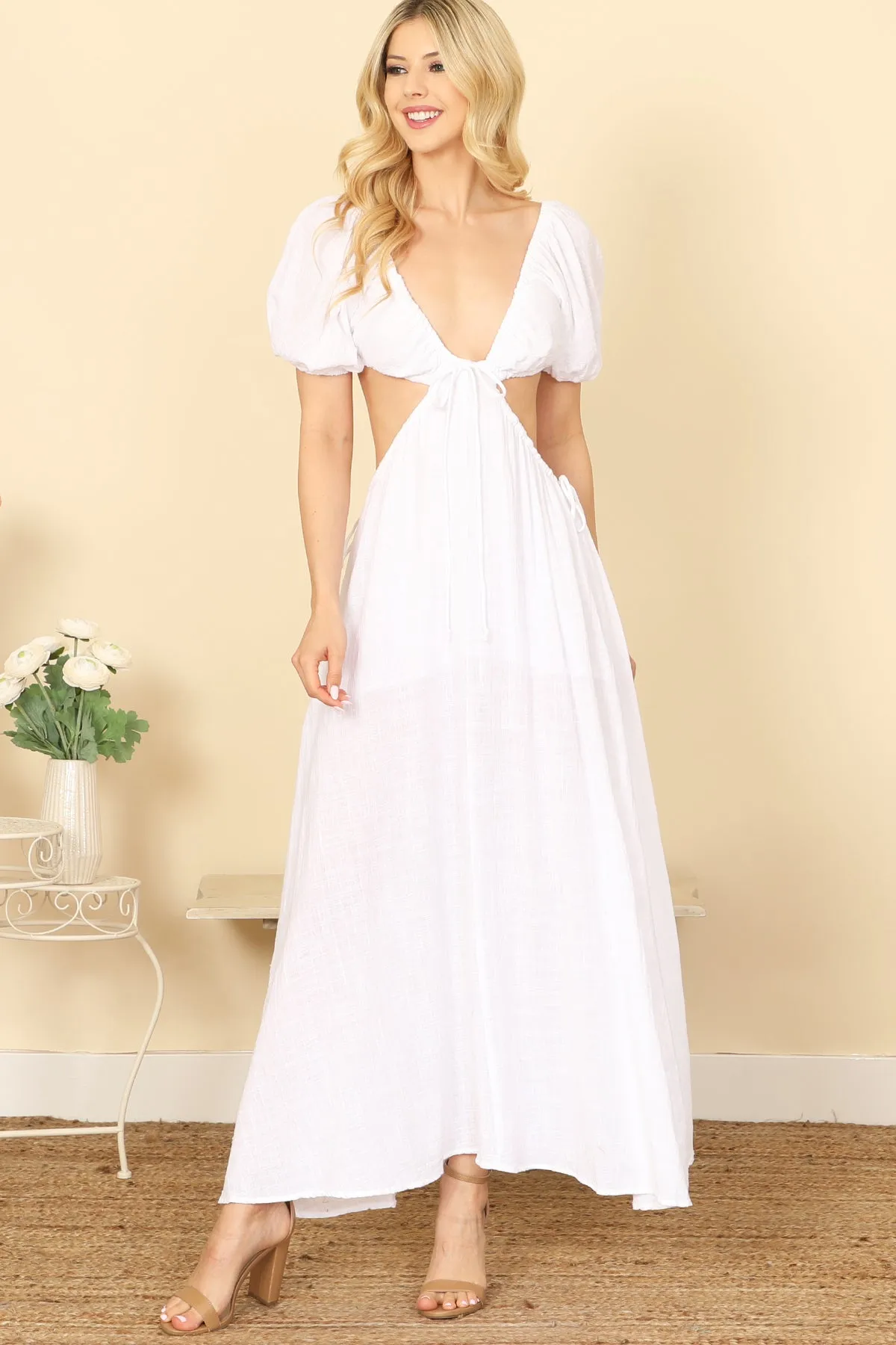 SIDE CUT-OUT DETAIL PUFF SLEEVE SOLID MAXI DRESS