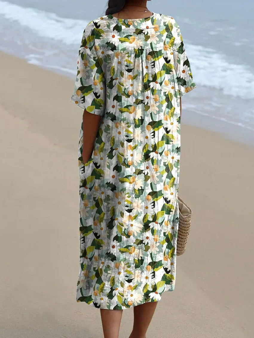 Spring Daisy Field Seamless Pattern Printed Women's Flowy Dress