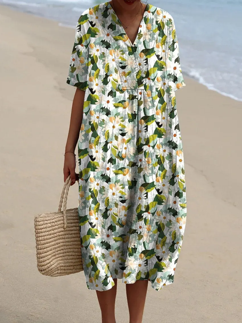 Spring Daisy Field Seamless Pattern Printed Women's Flowy Dress
