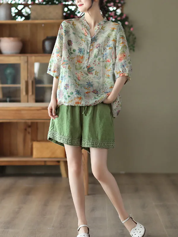 Vintage Loose Buttoned Floral Printed Stand Collar Blouses&Shirts Tops