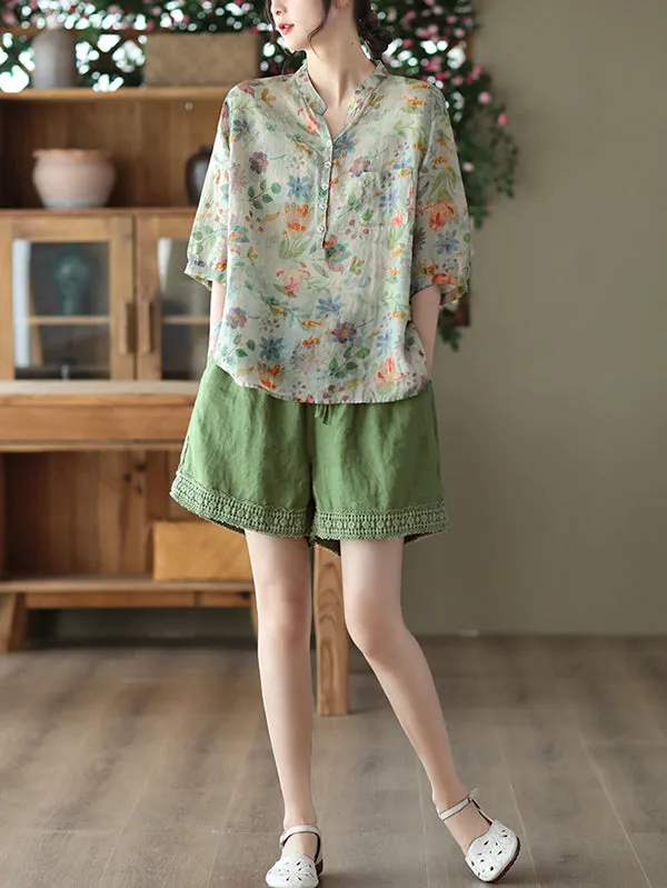 Vintage Loose Buttoned Floral Printed Stand Collar Blouses&Shirts Tops
