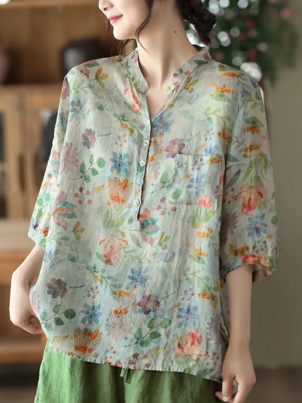 Vintage Loose Buttoned Floral Printed Stand Collar Blouses&Shirts Tops