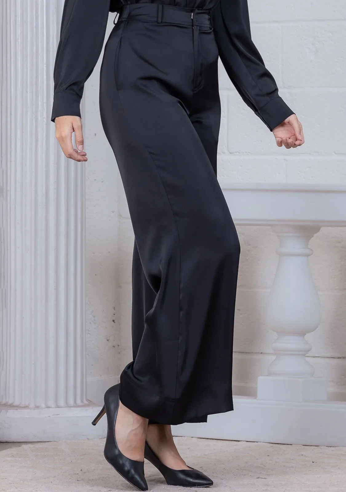 Wide Leg Front Zipper Fine Satin Pant