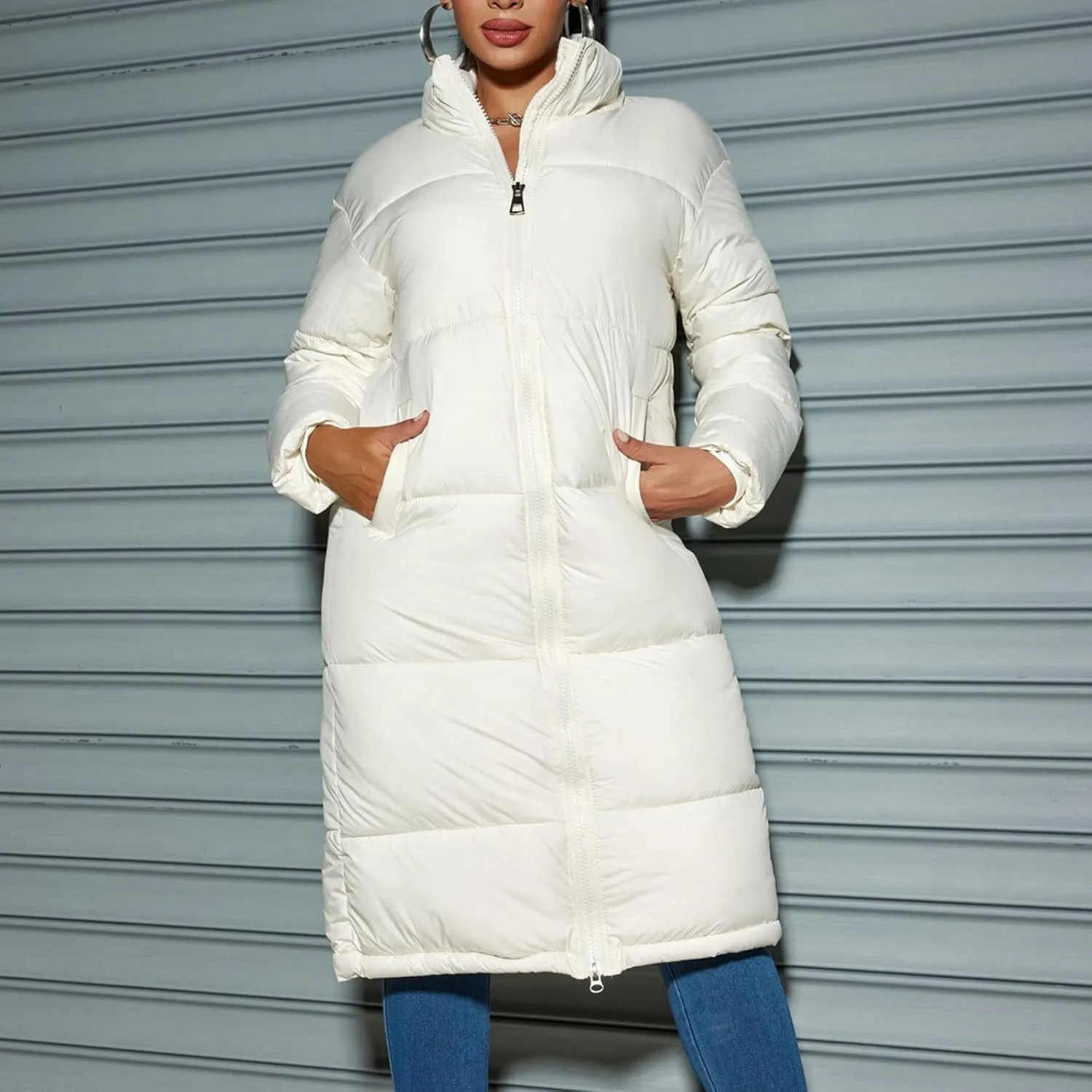 Women Knee-length Quilted Puffer Coats Stand Zipper Down Padded Cotton Winter Warm Outerwear Outdoor Hiking Jacket