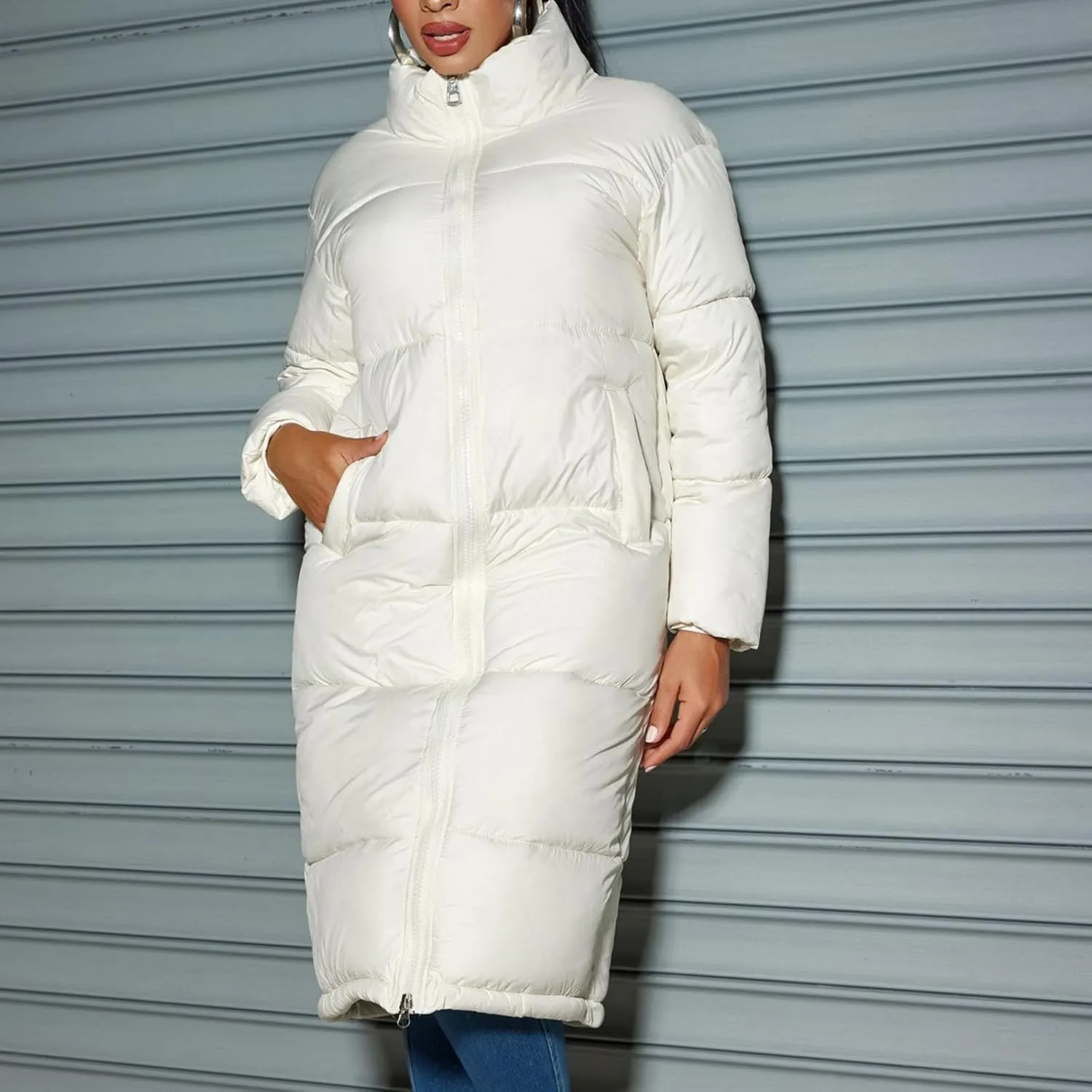 Women Knee-length Quilted Puffer Coats Stand Zipper Down Padded Cotton Winter Warm Outerwear Outdoor Hiking Jacket