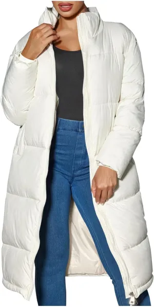 Women Knee-length Quilted Puffer Coats Stand Zipper Down Padded Cotton Winter Warm Outerwear Outdoor Hiking Jacket