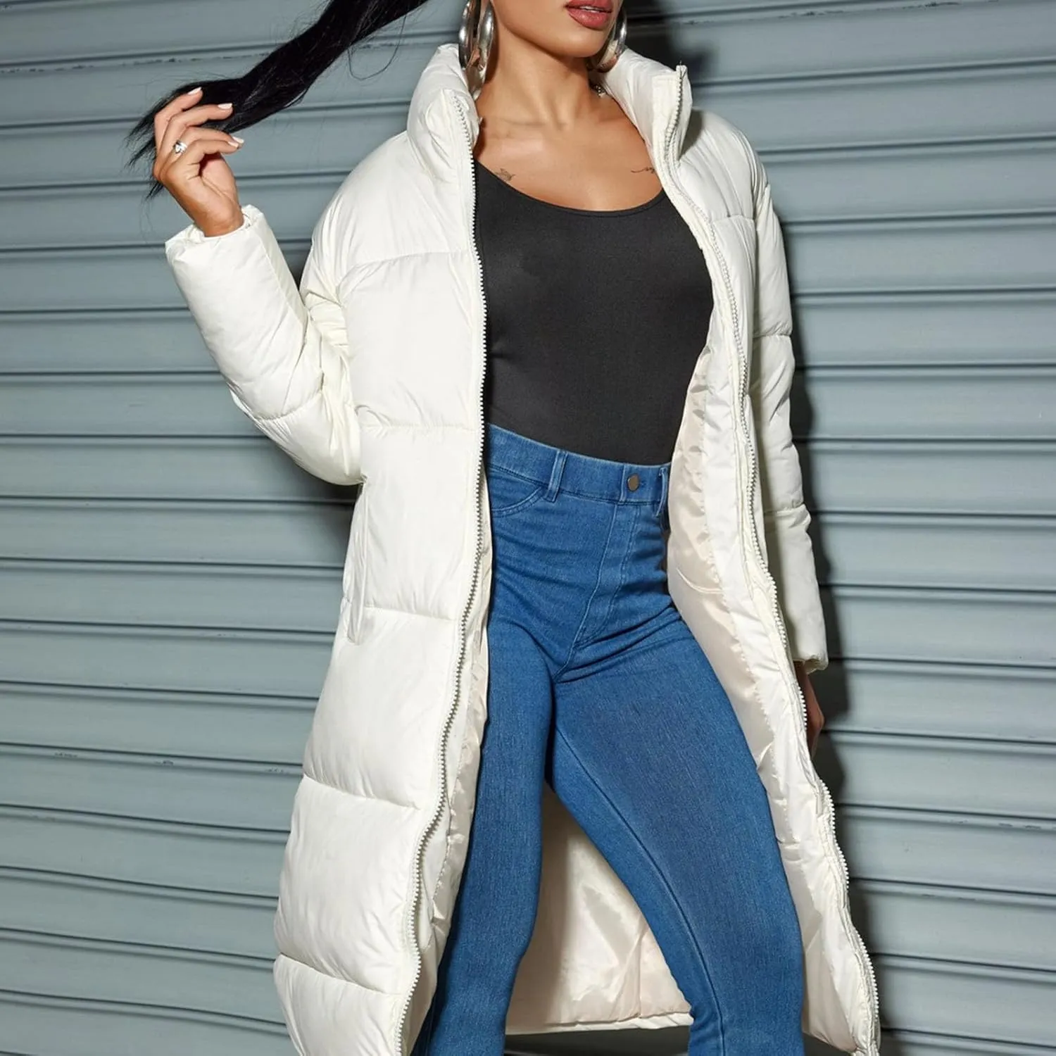 Women Knee-length Quilted Puffer Coats Stand Zipper Down Padded Cotton Winter Warm Outerwear Outdoor Hiking Jacket