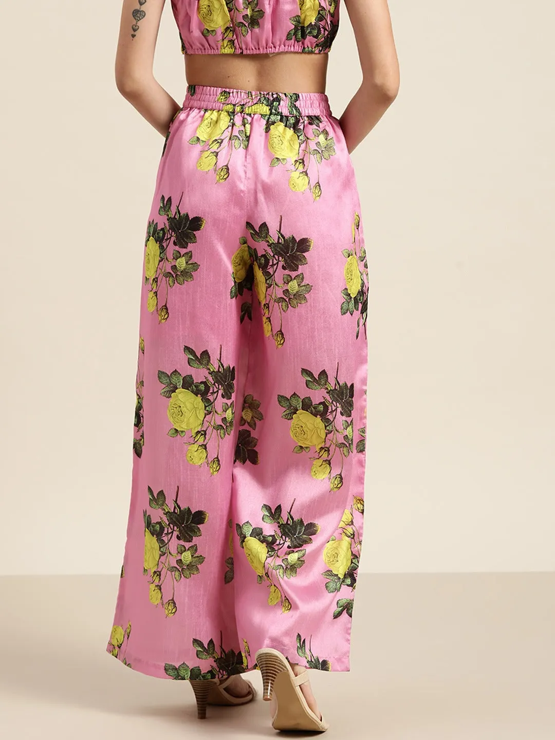 Women Pink Floral Polysilk Palazzo Pants