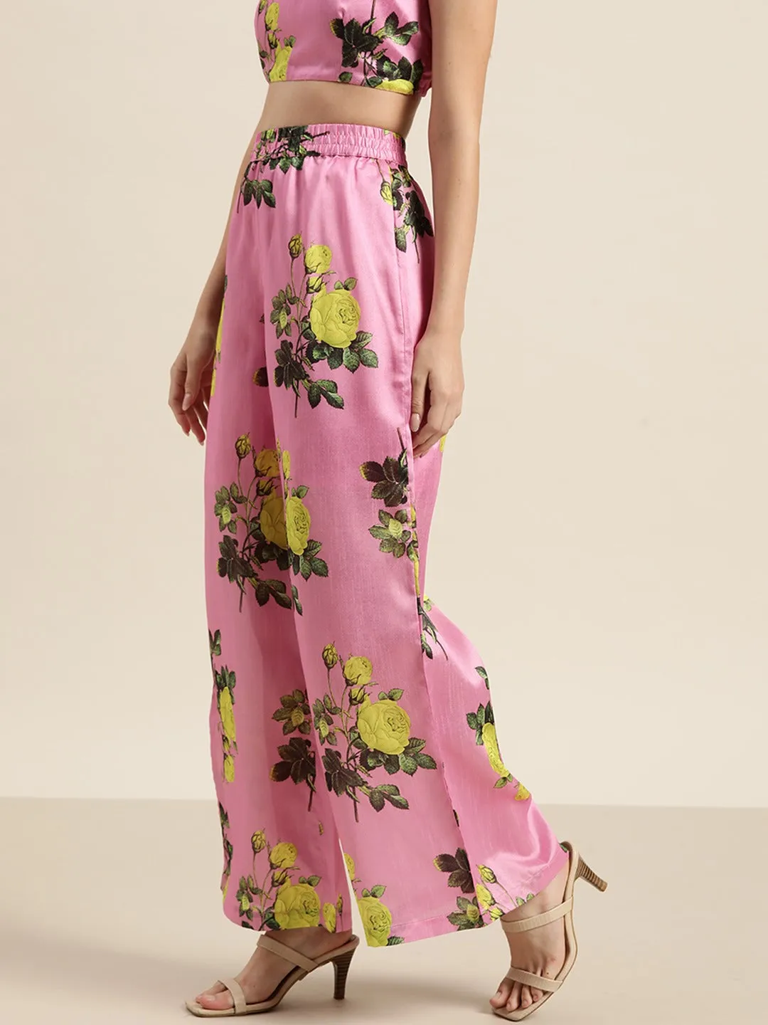 Women Pink Floral Polysilk Palazzo Pants