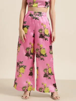 Women Pink Floral Polysilk Palazzo Pants