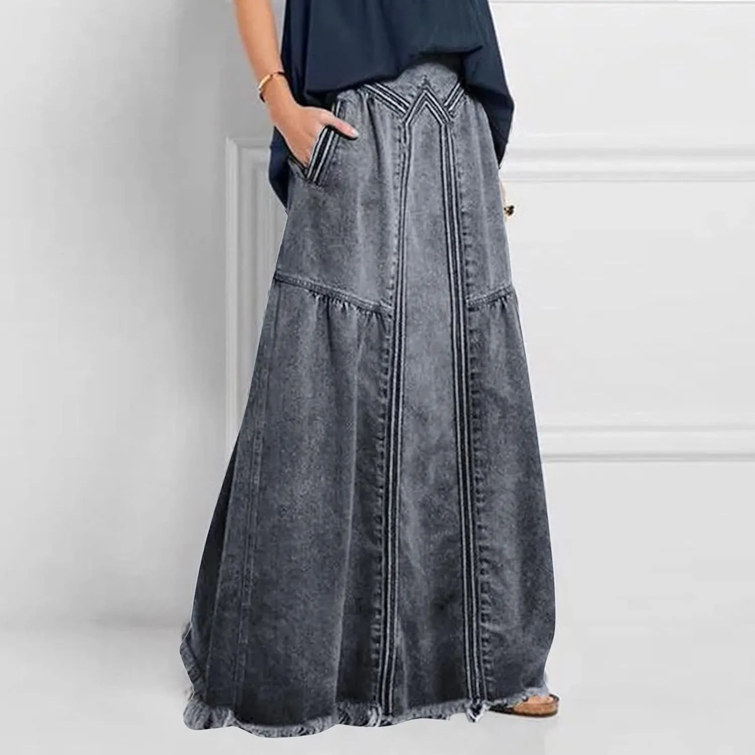 Women's Casual Elastic High Waist Denim Skirt A Line Jean Maxi Skirt Mopping Floor Length Long Skirts