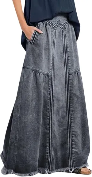 Women's Casual Elastic High Waist Denim Skirt A Line Jean Maxi Skirt Mopping Floor Length Long Skirts