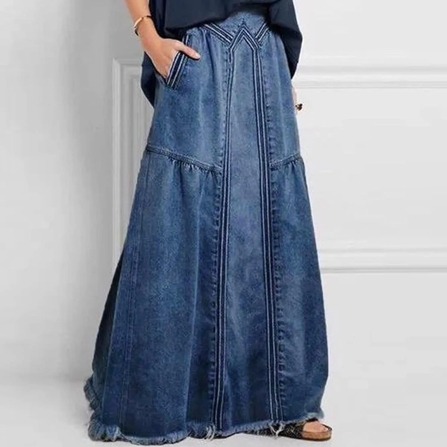 Women's Casual Elastic High Waist Denim Skirt A Line Jean Maxi Skirt Mopping Floor Length Long Skirts