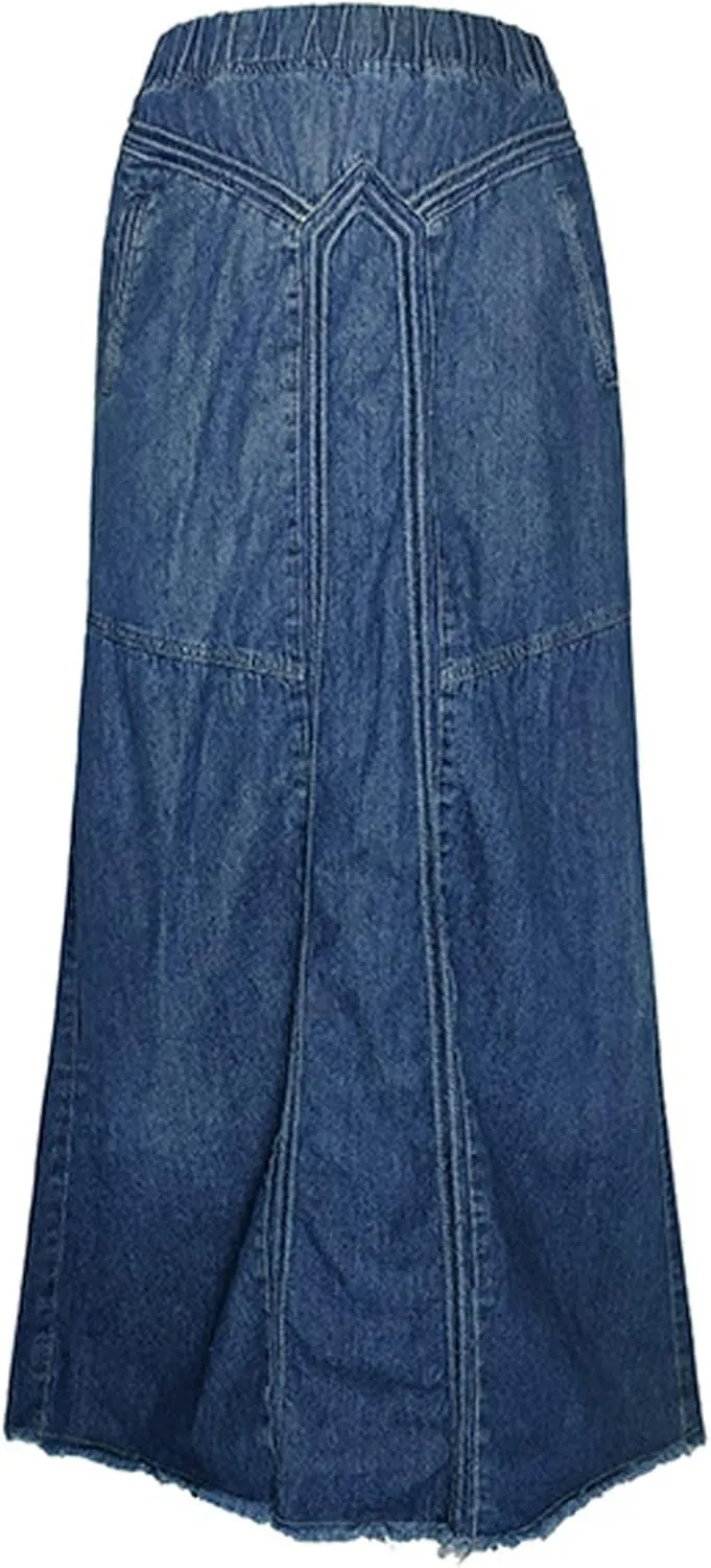 Women's Casual Elastic High Waist Denim Skirt A Line Jean Maxi Skirt Mopping Floor Length Long Skirts