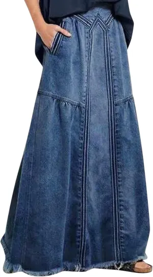 Women's Casual Elastic High Waist Denim Skirt A Line Jean Maxi Skirt Mopping Floor Length Long Skirts