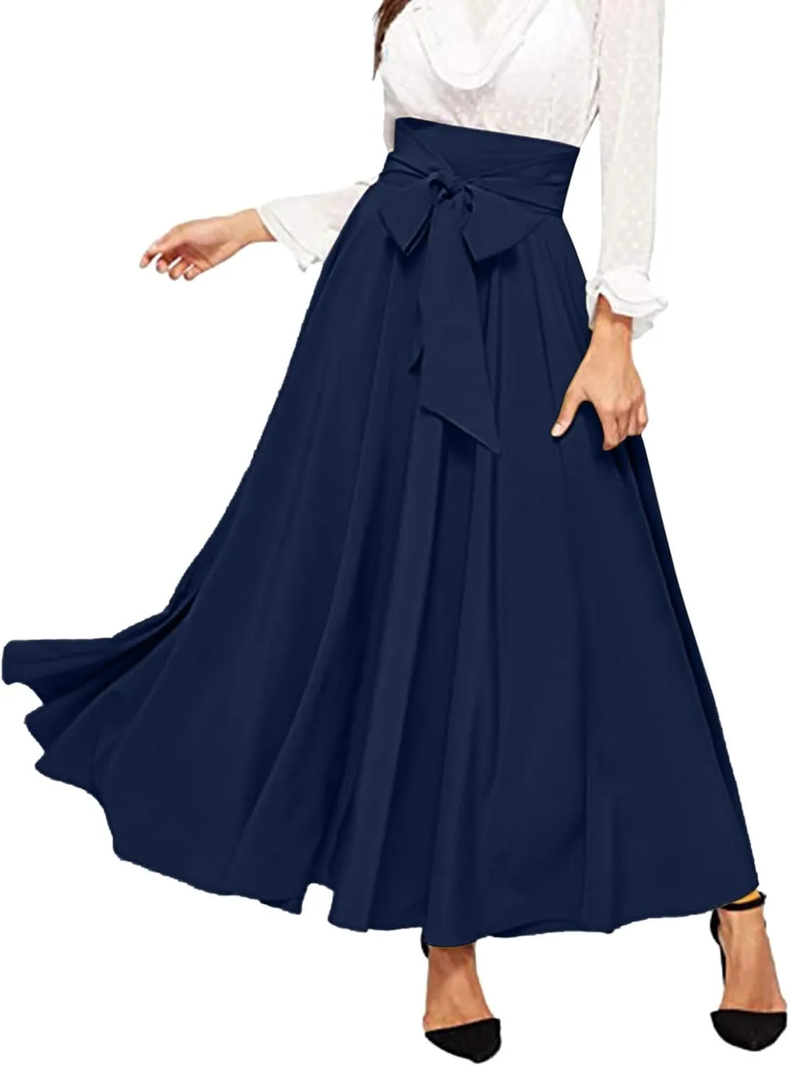Women's Elegant High Waist Long Skirt Solid Color Lace Up Maxi Skirts Summer Casual Loose Pleated Skirt