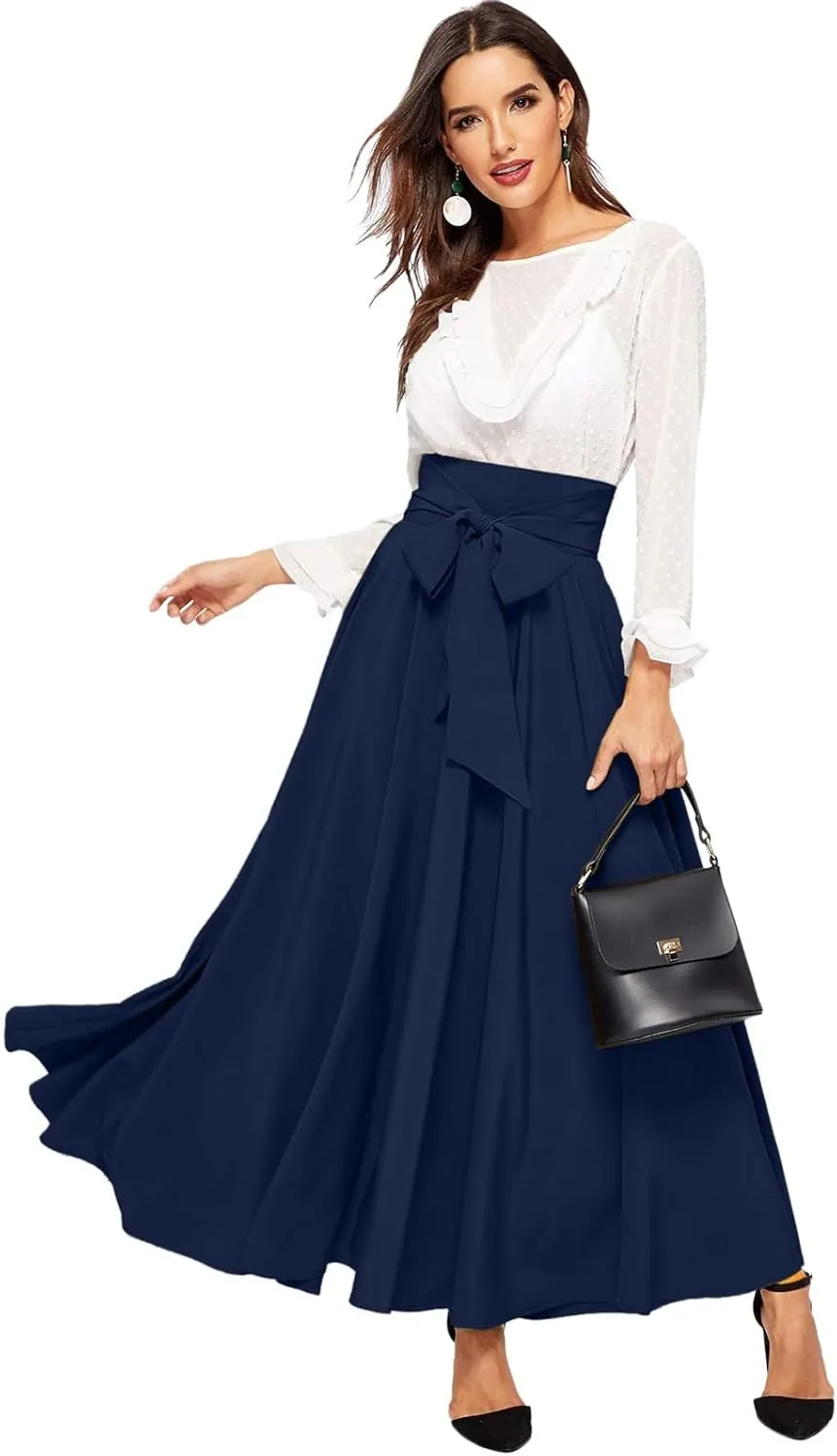 Women's Elegant High Waist Long Skirt Solid Color Lace Up Maxi Skirts Summer Casual Loose Pleated Skirt