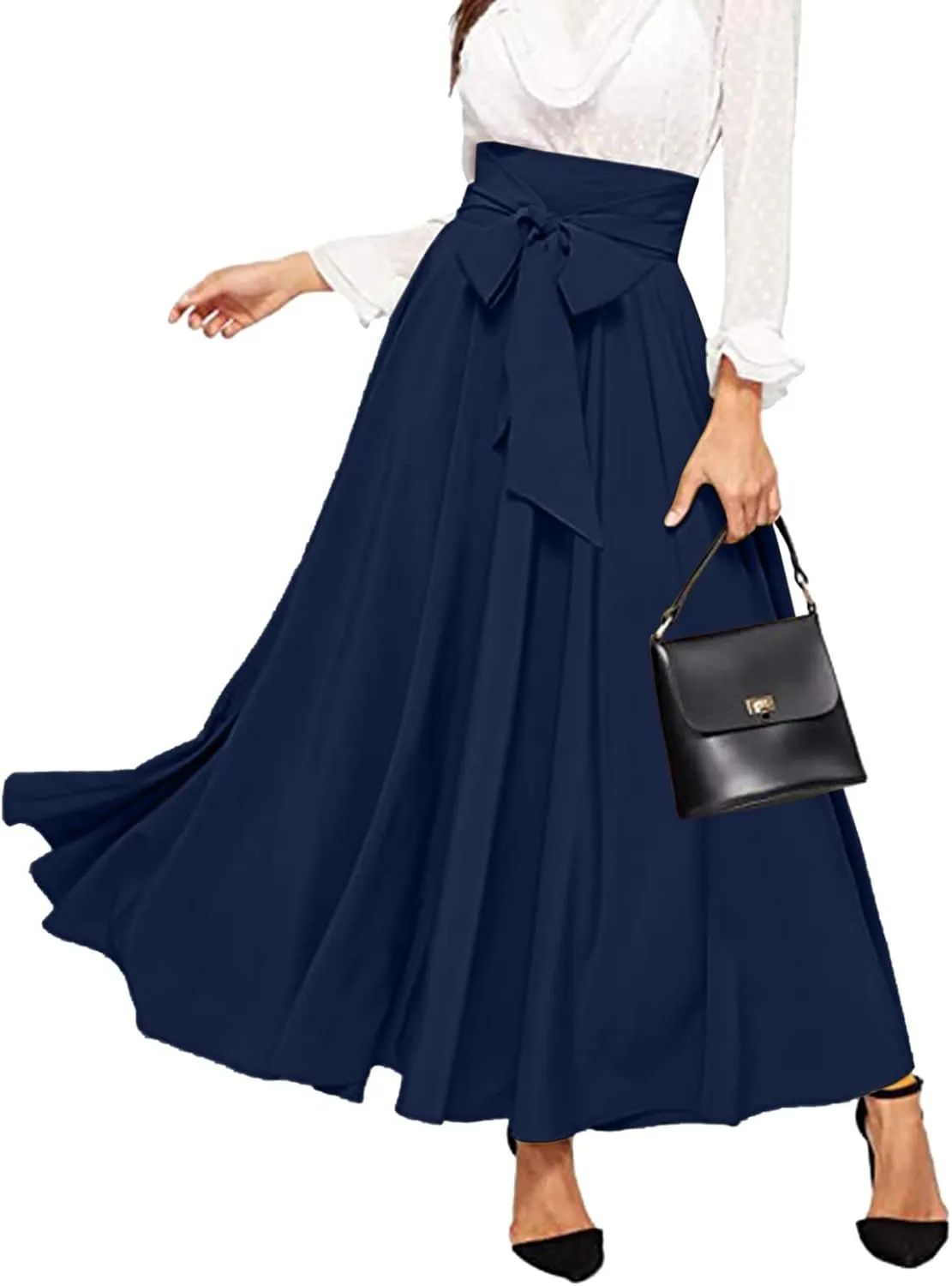 Women's Elegant High Waist Long Skirt Solid Color Lace Up Maxi Skirts Summer Casual Loose Pleated Skirt