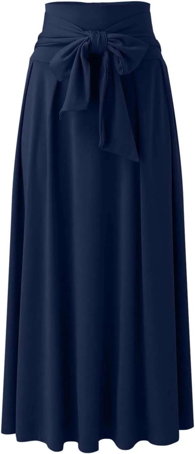 Women's Elegant High Waist Long Skirt Solid Color Lace Up Maxi Skirts Summer Casual Loose Pleated Skirt