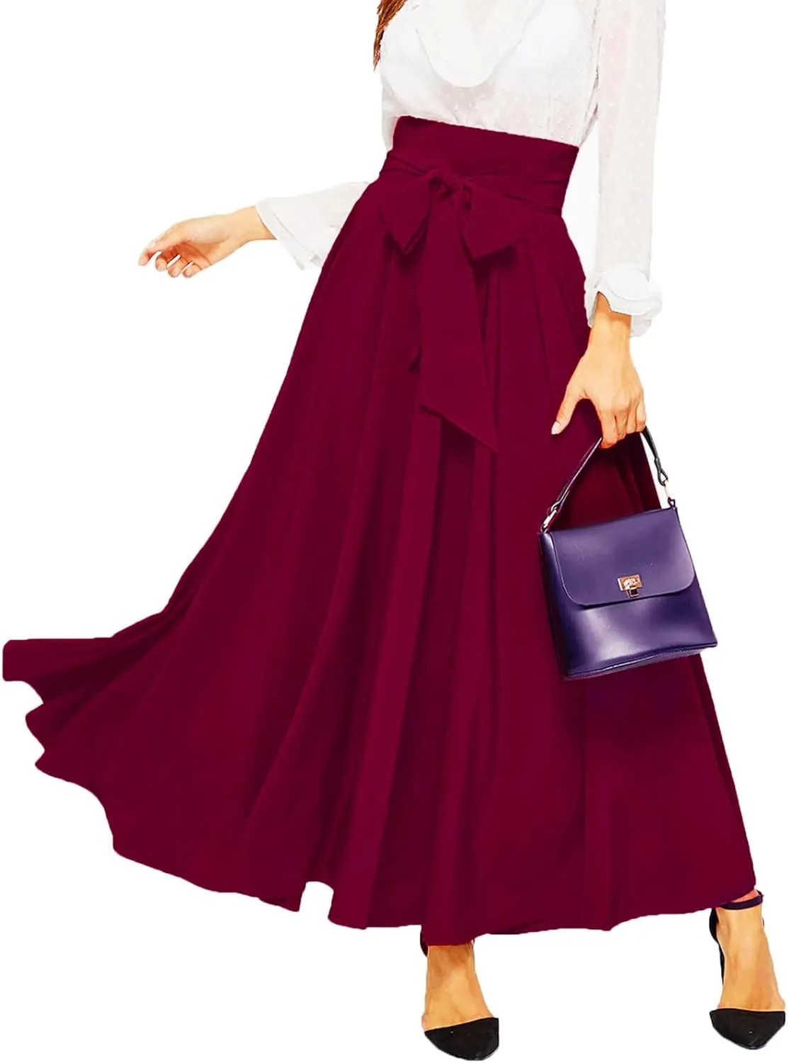 Women's Elegant High Waist Long Skirt Solid Color Lace Up Maxi Skirts Summer Casual Loose Pleated Skirt