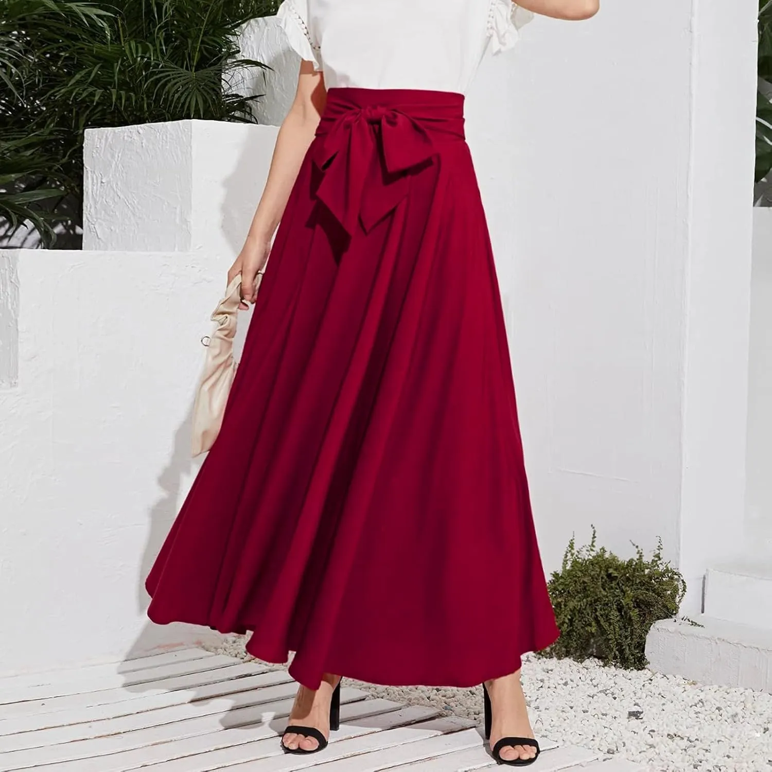 Women's Elegant High Waist Long Skirt Solid Color Lace Up Maxi Skirts Summer Casual Loose Pleated Skirt