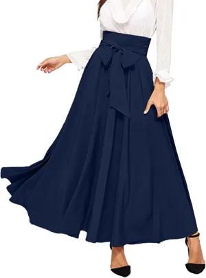 Women's Elegant High Waist Long Skirt Solid Color Lace Up Maxi Skirts Summer Casual Loose Pleated Skirt