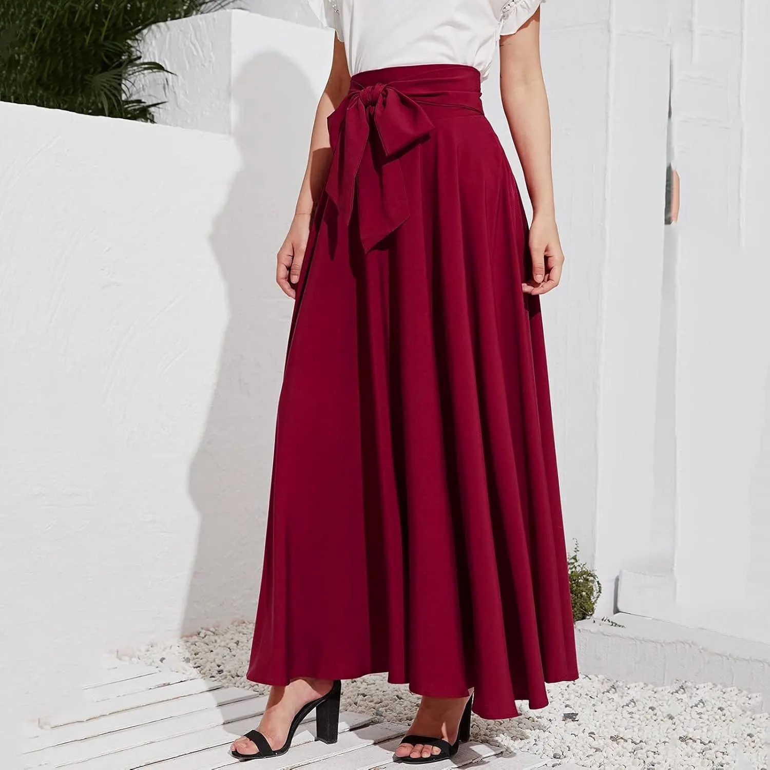 Women's Elegant High Waist Long Skirt Solid Color Lace Up Maxi Skirts Summer Casual Loose Pleated Skirt