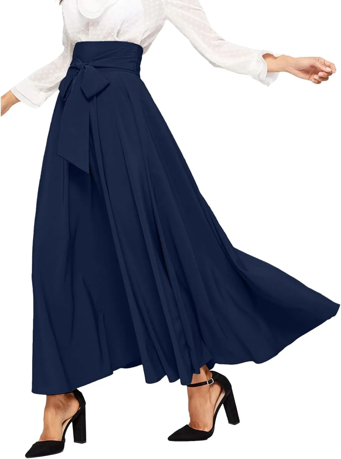 Women's Elegant High Waist Long Skirt Solid Color Lace Up Maxi Skirts Summer Casual Loose Pleated Skirt