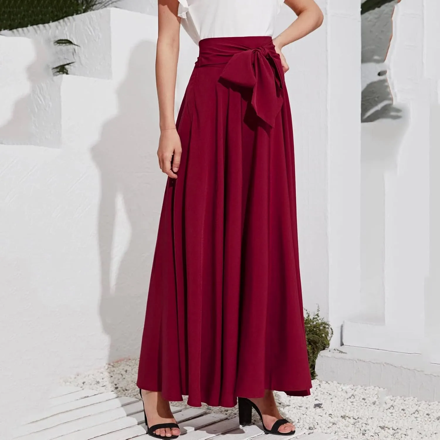 Women's Elegant High Waist Long Skirt Solid Color Lace Up Maxi Skirts Summer Casual Loose Pleated Skirt