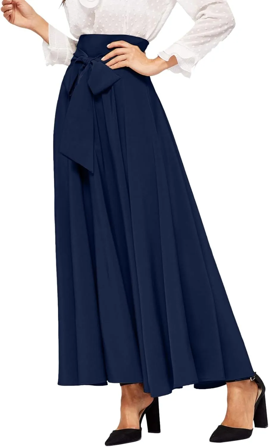 Women's Elegant High Waist Long Skirt Solid Color Lace Up Maxi Skirts Summer Casual Loose Pleated Skirt