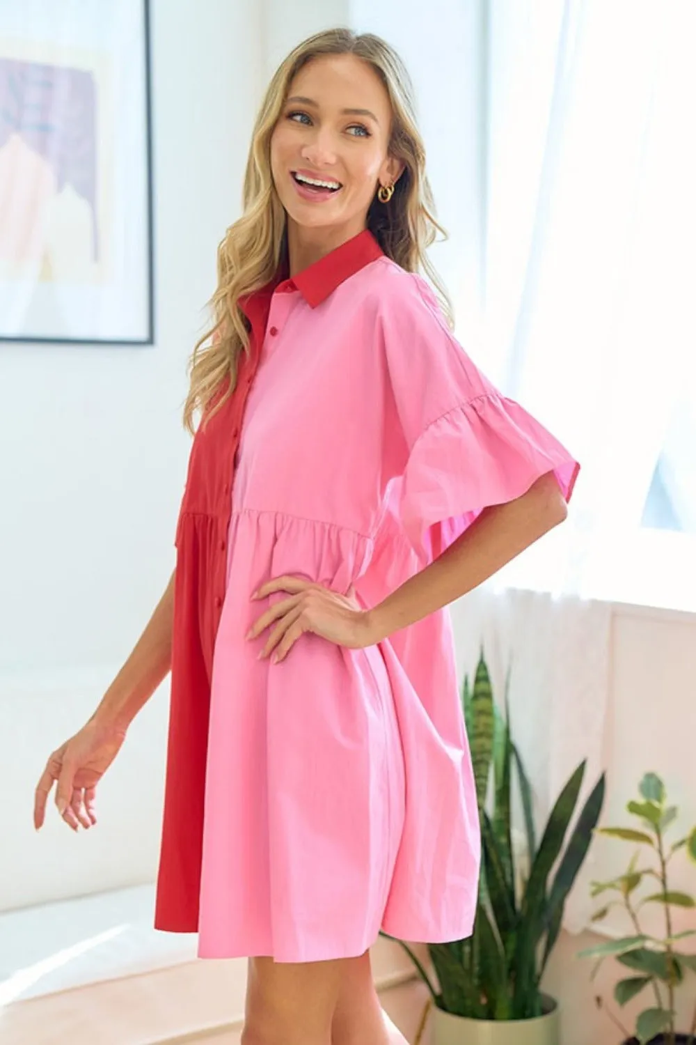 Women's Full Size Color Blocked Button Down Babydoll Dress