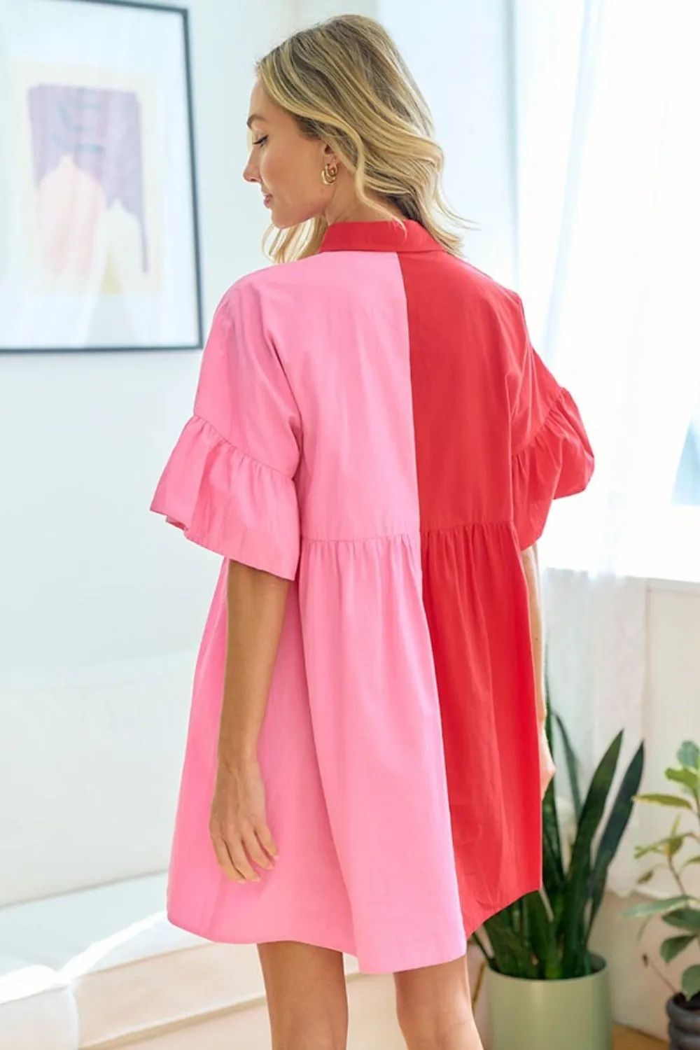 Women's Full Size Color Blocked Button Down Babydoll Dress