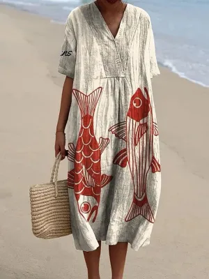Women's Red Fish Vintage Fish Art Vintage Print Flowy Dress