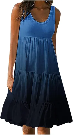 Womens Summer Dresses 2024 Trendy Tropical Casual Sleeveless Gradient Color Dress Loose Pleated Comfy Beach Sundress
