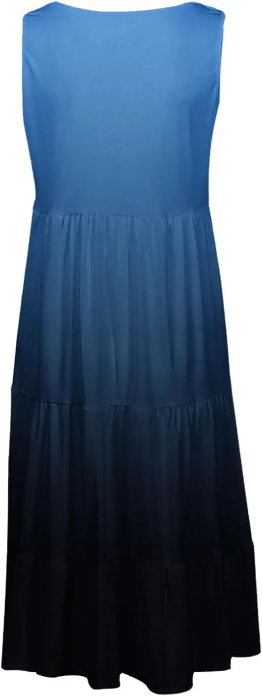 Womens Summer Dresses 2024 Trendy Tropical Casual Sleeveless Gradient Color Dress Loose Pleated Comfy Beach Sundress