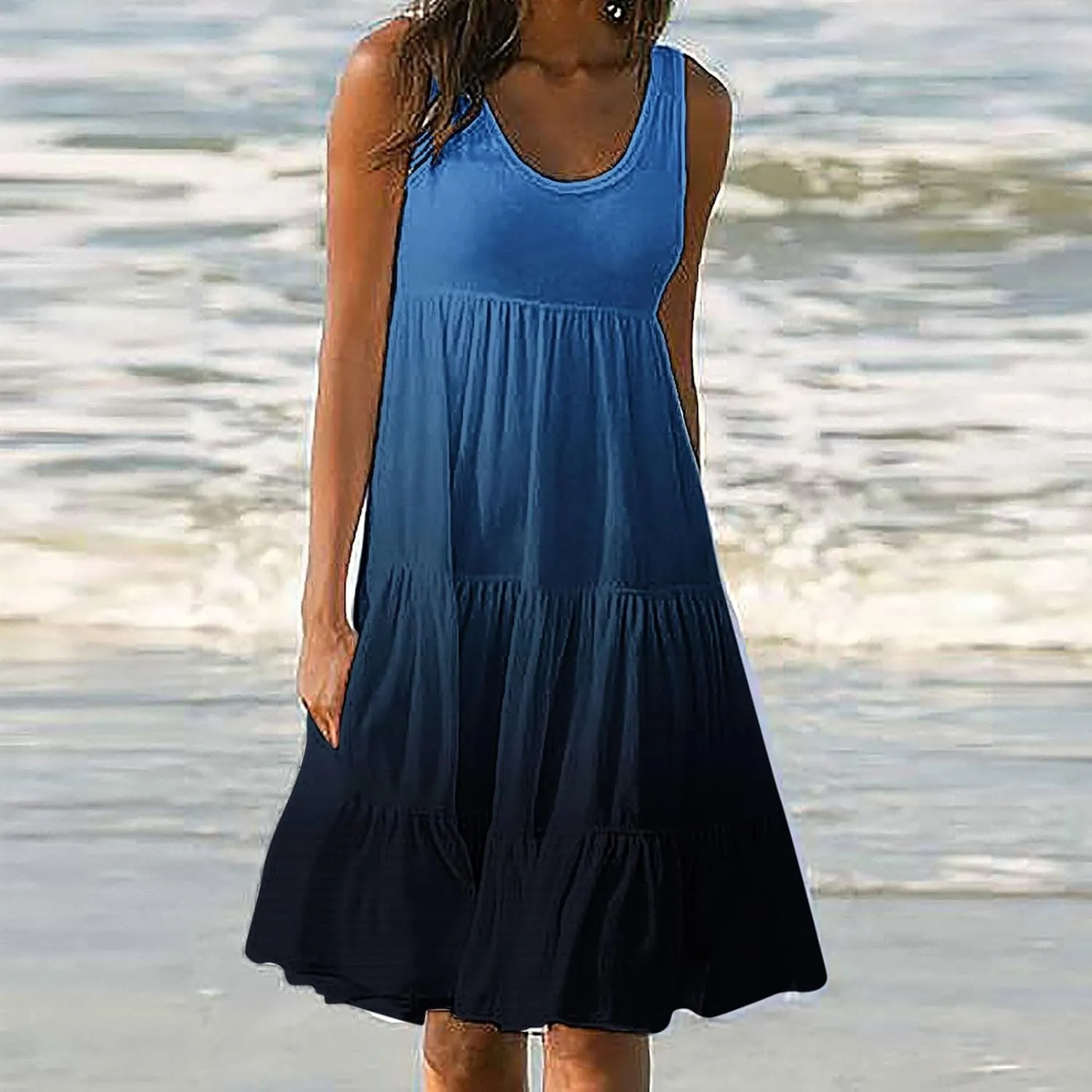Womens Summer Dresses 2024 Trendy Tropical Casual Sleeveless Gradient Color Dress Loose Pleated Comfy Beach Sundress