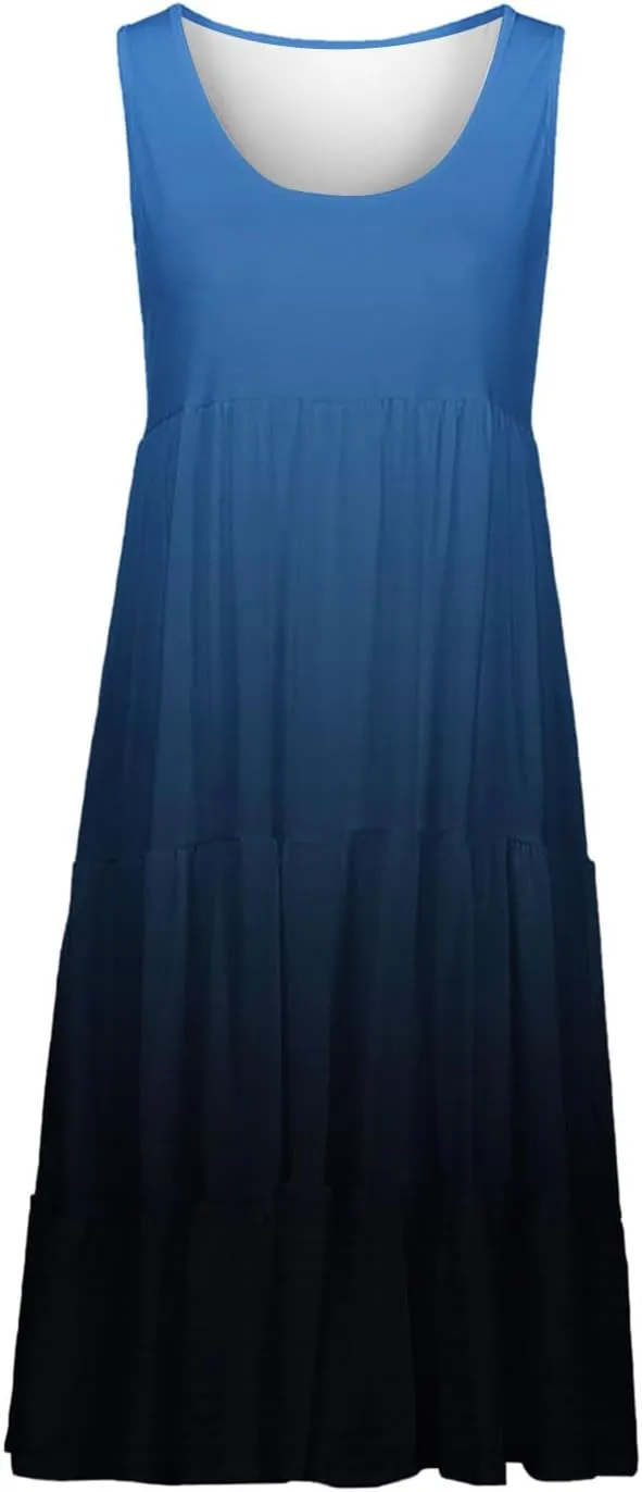 Womens Summer Dresses 2024 Trendy Tropical Casual Sleeveless Gradient Color Dress Loose Pleated Comfy Beach Sundress
