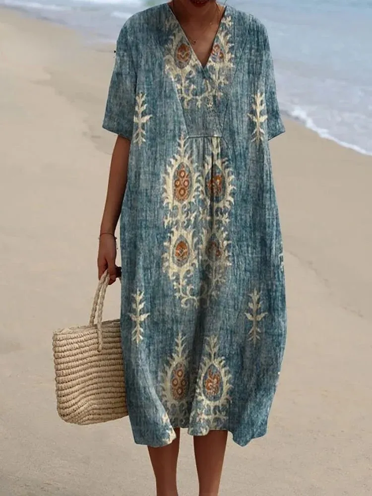 Women's Vintage Floral Ethnic Art Print Casual Flowy Dress