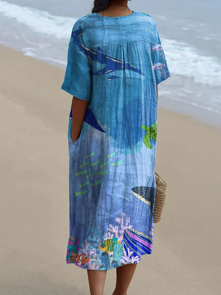 Women's Vintage Lovely Whale Art Print Flowy Dress