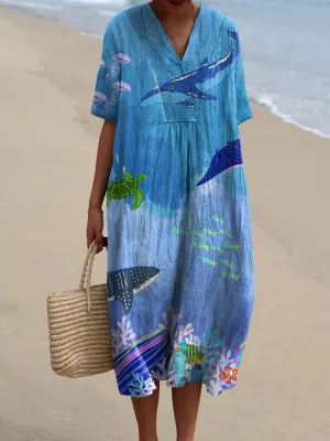 Women's Vintage Lovely Whale Art Print Flowy Dress
